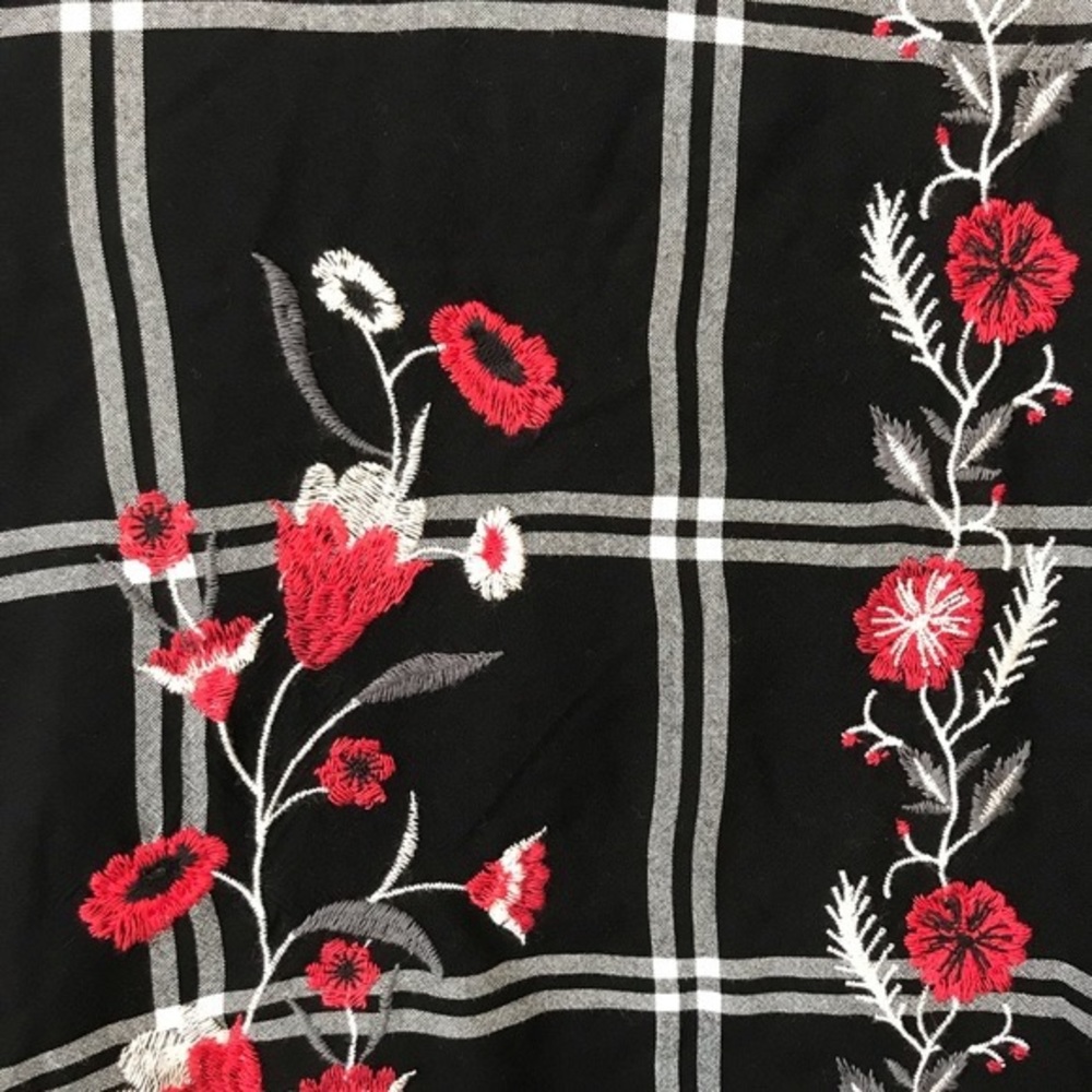 LOFT Top Embroidered Split Open Tied Bell Sleeves Floral Plaid Long Slee… - Picture 3 of 10
